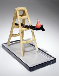 <div class='title'>Out On A Limb</div><br>kiln-cast and flameworked glass, brass wire<br>9.5"h x 12.5"w x 6"d<br>SOLD