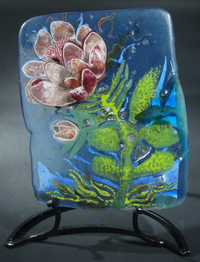 <div class='title'>Protea Emerging from Drowning</div><br>fused glass, copper, fiber paper<br>19"h x 11"w x 8"d<br>